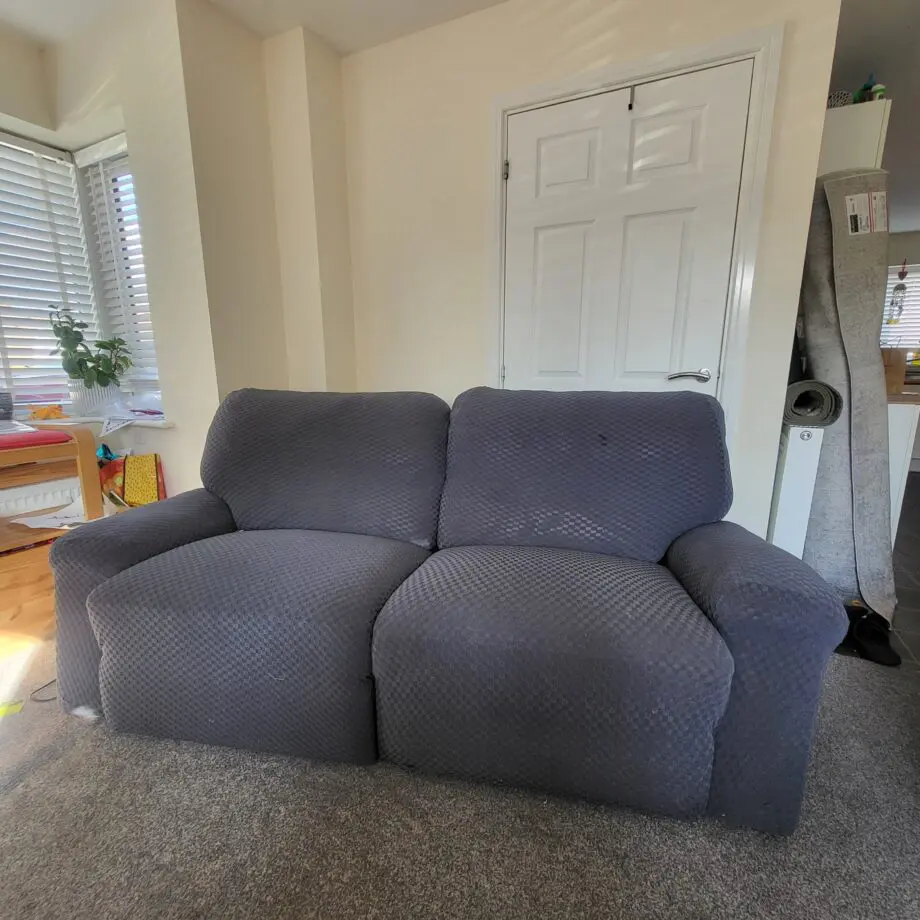 DFS, Red (Grey sofa covers) Leather Recliner Sofa and Chair