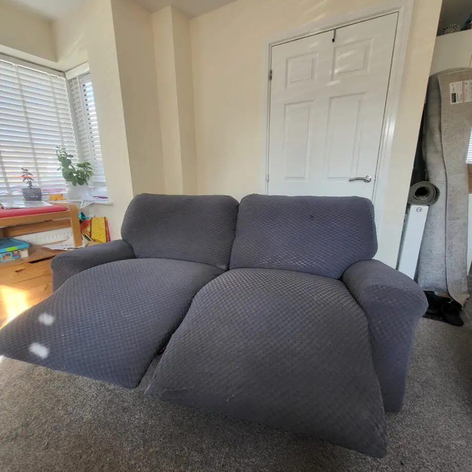 DFS, Red (Grey sofa covers) Leather Recliner Sofa and Chair