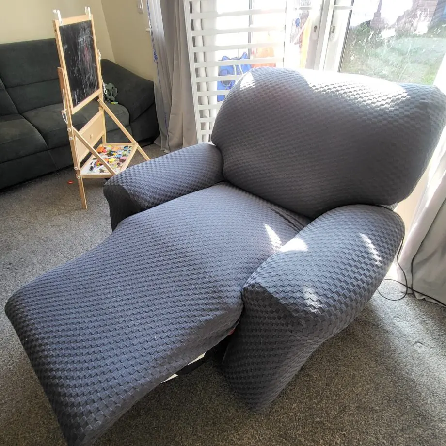 DFS, Red (Grey sofa covers) Leather Recliner Sofa and Chair