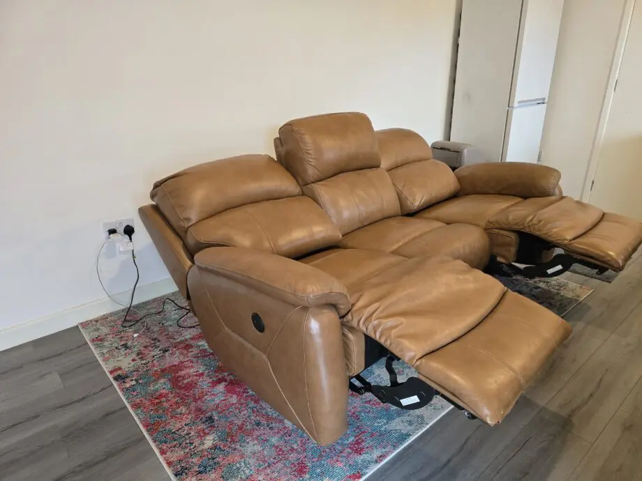 Brown leather recliner sofa 3 seater power adjustable