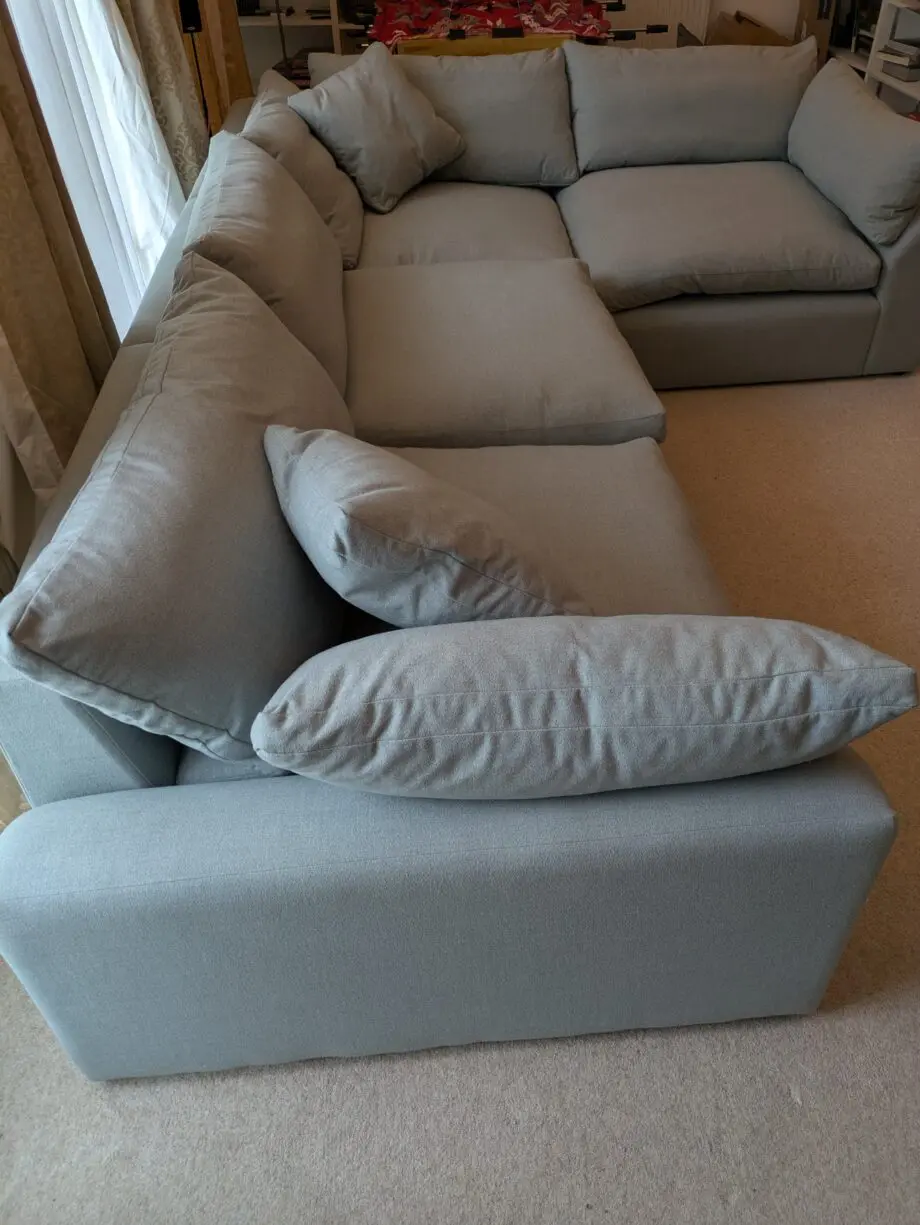 Large right hand Loaf Cuddlemuffin Modular Corner Sofa in Sea Fog Clever Woolly Fabric