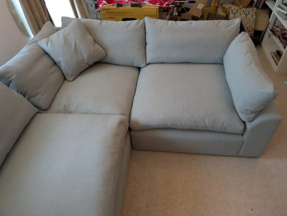 Large right hand Loaf Cuddlemuffin Modular Corner Sofa in Sea Fog Clever Woolly Fabric