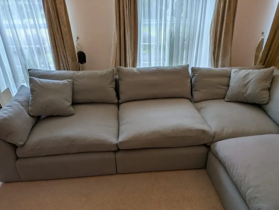Large right hand Loaf Cuddlemuffin Modular Corner Sofa in Sea Fog Clever Woolly Fabric