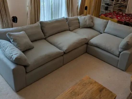 Large right hand Loaf Cuddlemuffin Modular Corner Sofa in Sea Fog Clever Woolly Fabric
