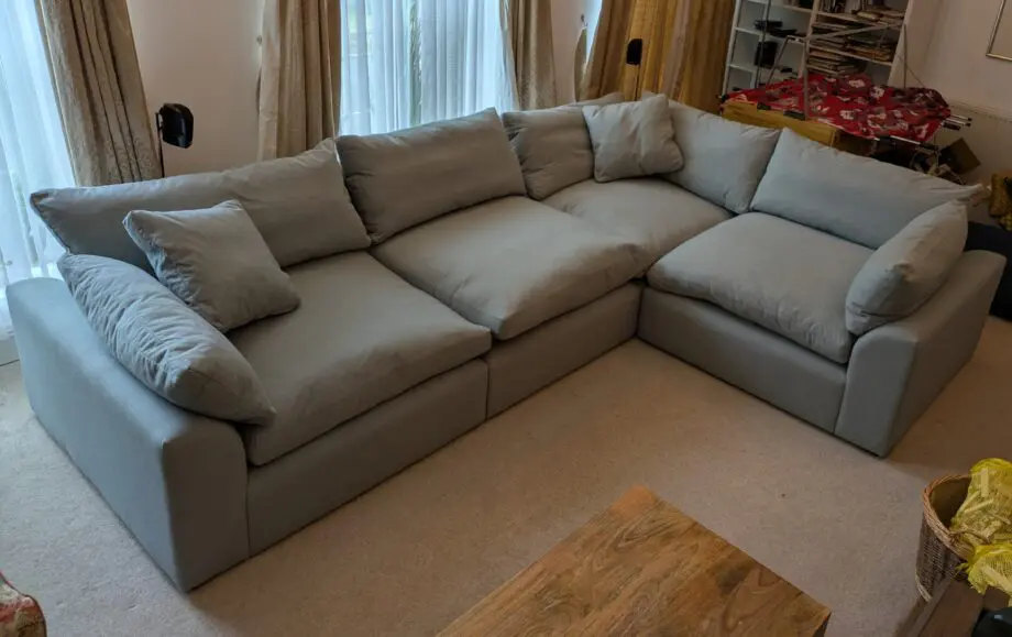 Large right hand Loaf Cuddlemuffin Modular Corner Sofa in Sea Fog Clever Woolly Fabric