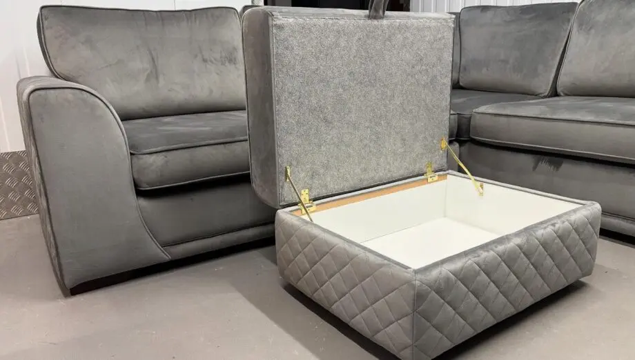 DFS Orka Grey Velvet L Shape Corner Sofa With Matching Cuddle Chair & Storage Footstool