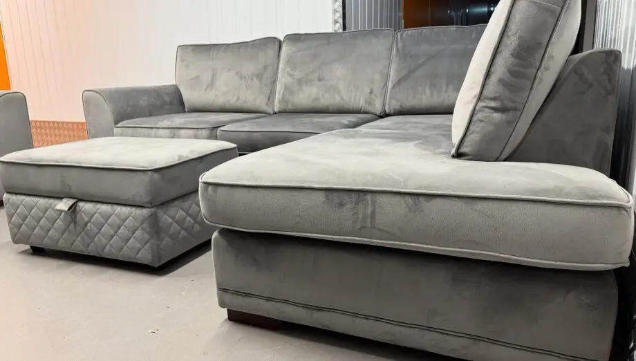 DFS Orka Grey Velvet L Shape Corner Sofa With Matching Cuddle Chair & Storage Footstool