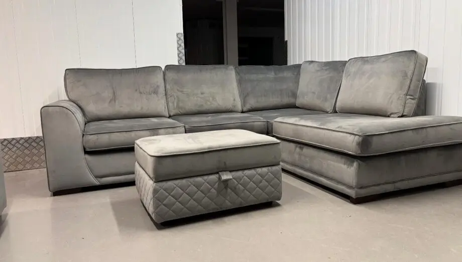 DFS Orka Grey Velvet L Shape Corner Sofa With Matching Cuddle Chair & Storage Footstool