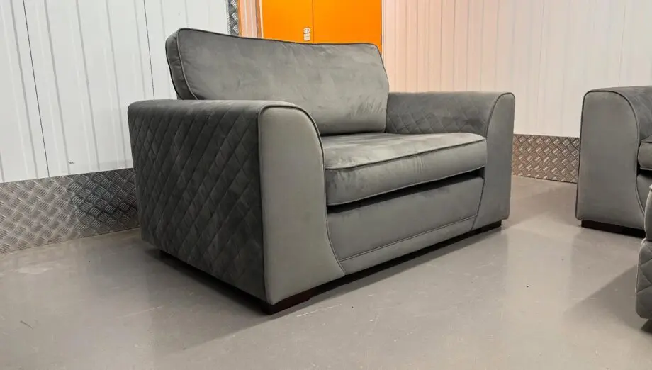 DFS Orka Grey Velvet L Shape Corner Sofa With Matching Cuddle Chair & Storage Footstool