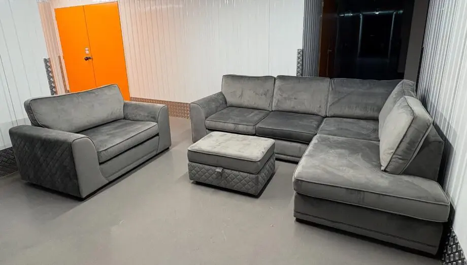 DFS Orka Grey Velvet L Shape Corner Sofa With Matching Cuddle Chair & Storage Footstool