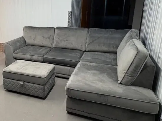 DFS Orka Grey Velvet L Shape Corner Sofa With Matching Cuddle Chair & Storage Footstool