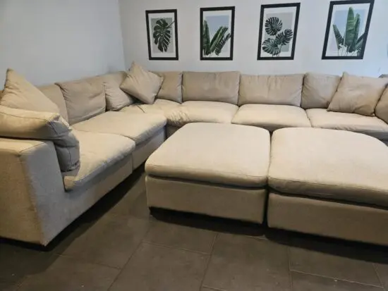 Thomasville 8 piece beige modular corner sofa/settee/couch plus ottomans.