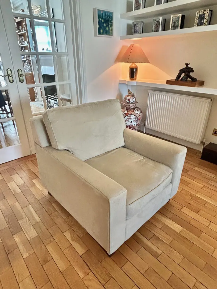 large L-shaped Wesley Barrell natural Alcantara sofa and matching armchair