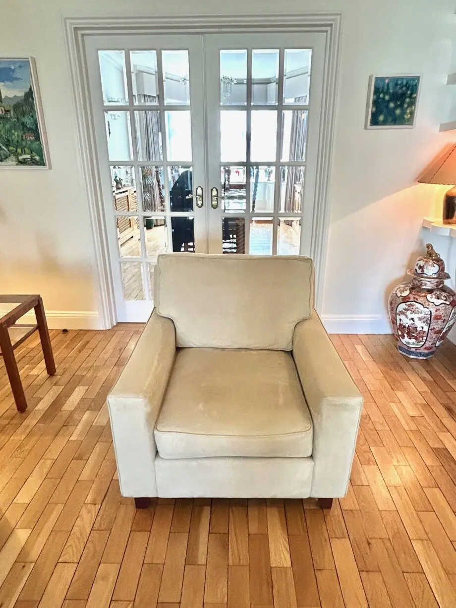 large L-shaped Wesley Barrell natural Alcantara sofa and matching armchair