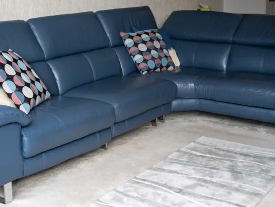 DFS Denim Blue Leather Corner Sofa with Electric Recliner & Chaise Longue