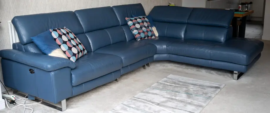 DFS Denim Blue Leather Corner Sofa with Electric Recliner & Chaise Longue