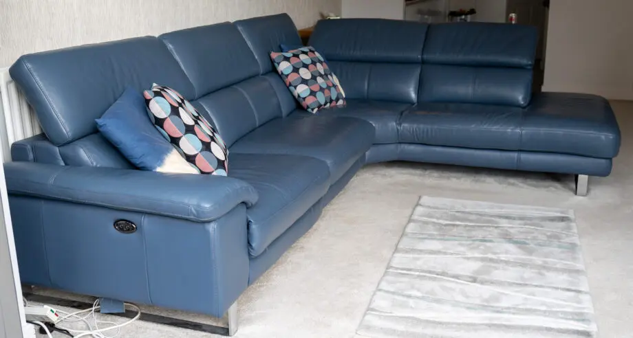 DFS Denim Blue Leather Corner Sofa with Electric Recliner & Chaise Longue