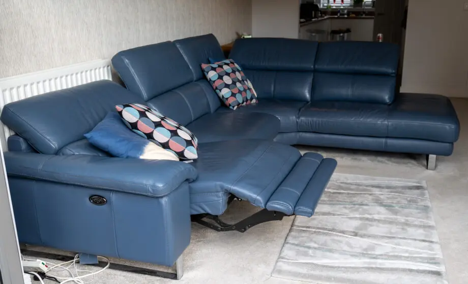 DFS Denim Blue Leather Corner Sofa with Electric Recliner & Chaise Longue