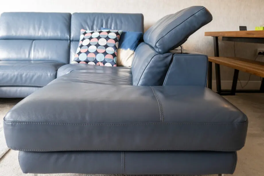 DFS Denim Blue Leather Corner Sofa with Electric Recliner & Chaise Longue