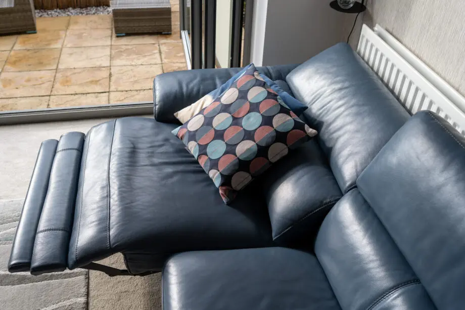 DFS Denim Blue Leather Corner Sofa with Electric Recliner & Chaise Longue