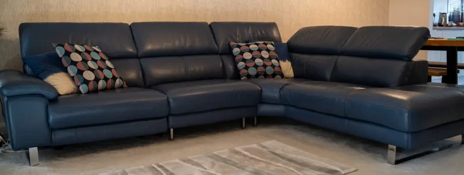 DFS Denim Blue Leather Corner Sofa with Electric Recliner & Chaise Longue