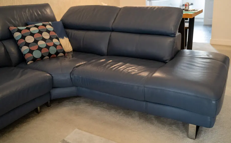 DFS Denim Blue Leather Corner Sofa with Electric Recliner & Chaise Longue