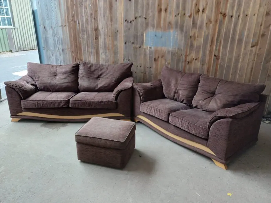 3 Seater & 2 Seater + Footstool Brown Chenille Sofas