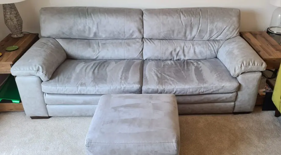 Furniture Village 3 Seater + Storage Stool Blueish Grey Fabric Suede Finish