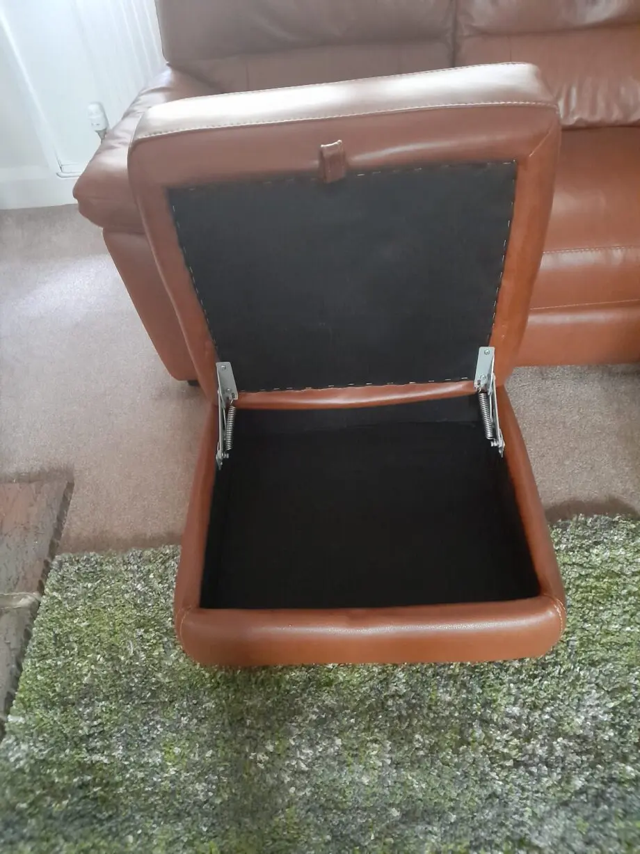 2 seater leather sofa with storage pouffe
