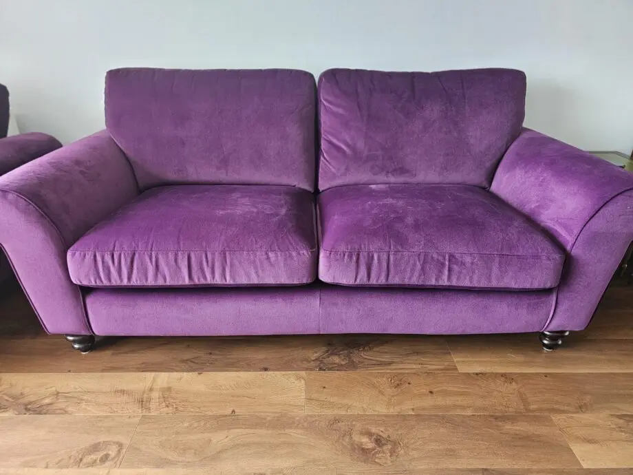 Purple velvet 3 seater sofa with 2 armchairs and a footstool