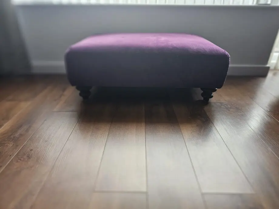 Purple velvet 3 seater sofa with 2 armchairs and a footstool