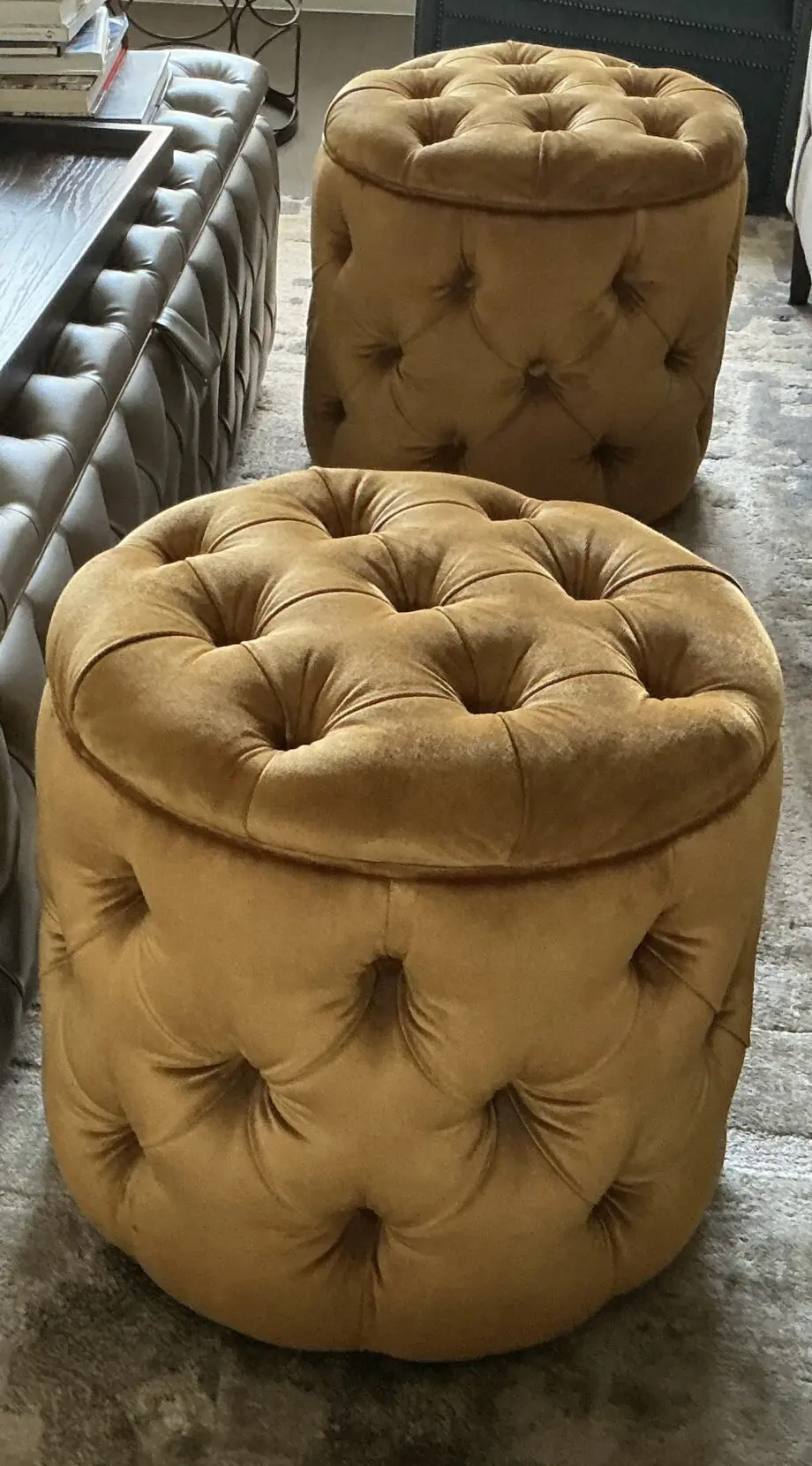 Pair of Velvet Button-Tufted Ottomans By The Sofa & Chair Company