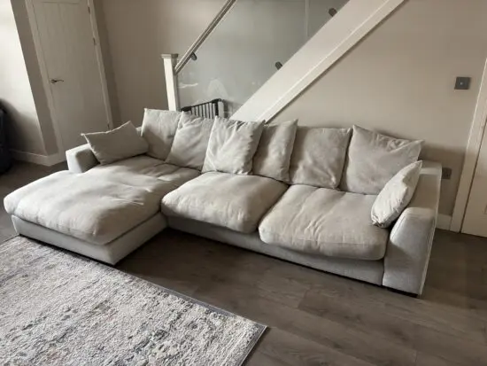 DFS plush large left hand facing chaise end sofa, pillow back.