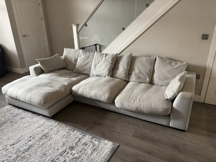 DFS plush large left hand facing chaise end sofa, pillow back.