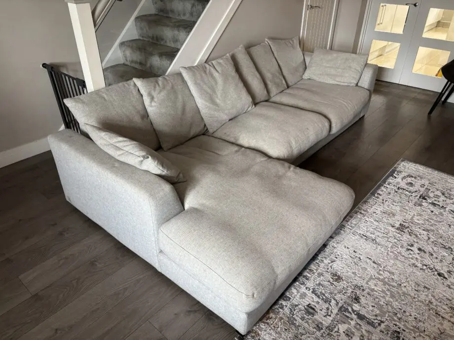 DFS plush large left hand facing chaise end sofa, pillow back.