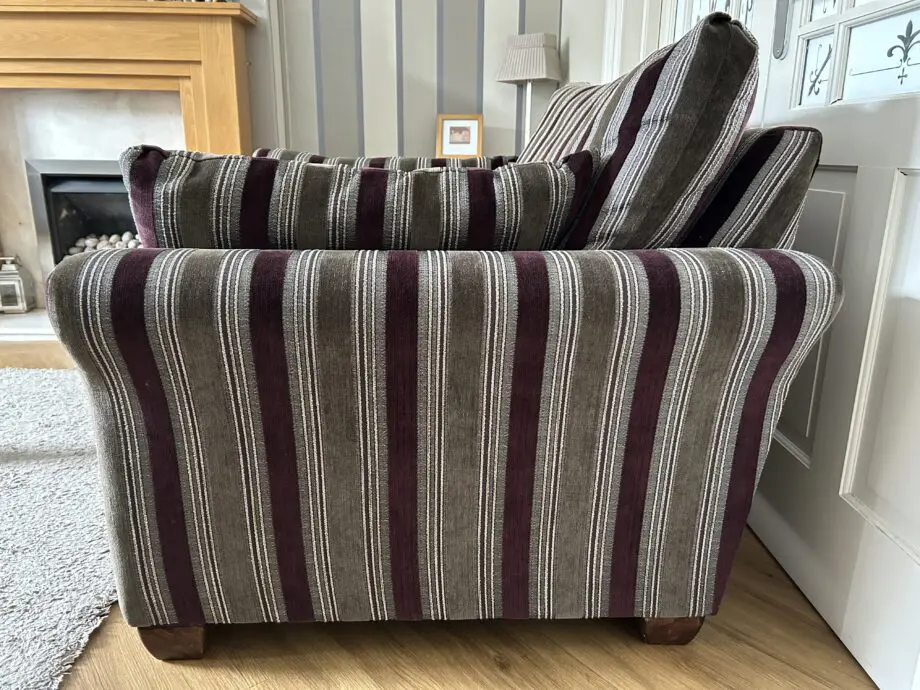 Marks & Spencer Brown Sofa, Brown and Burgundy Love Seat and Pouff