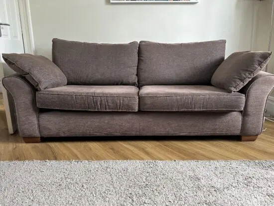 Marks & Spencer Brown Sofa, Brown and Burgundy Love Seat and Pouff