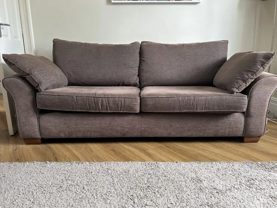 Marks & Spencer Brown Sofa, Brown and Burgundy Love Seat and Pouff