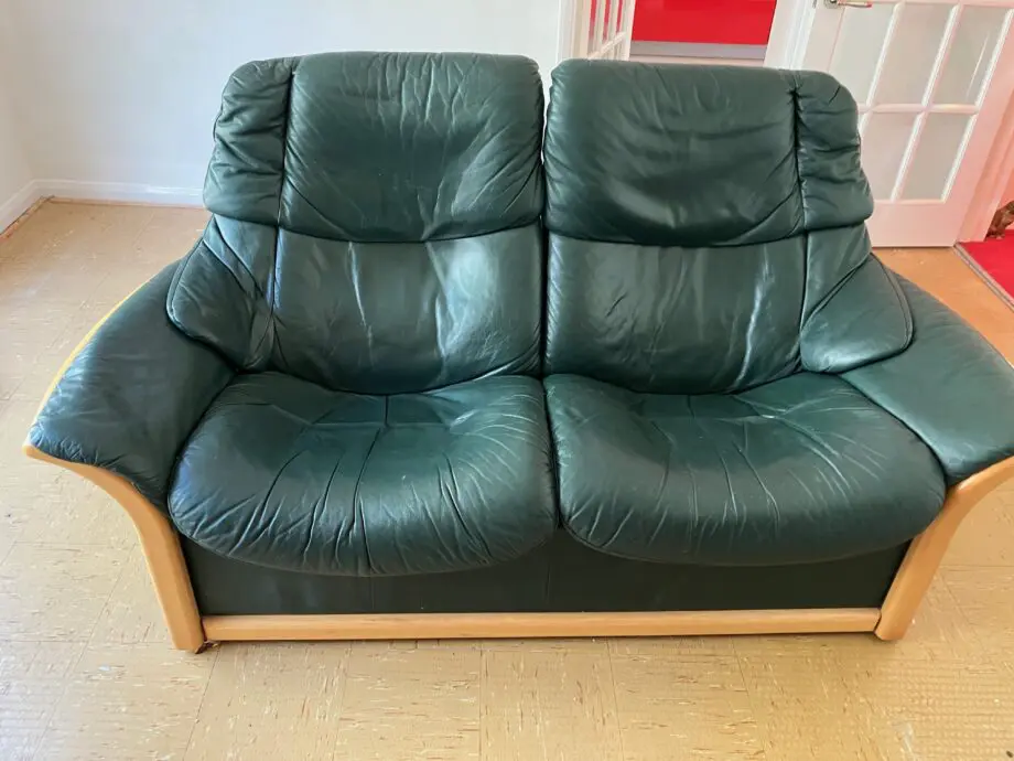 Stressless leather recliner two seater with light coloured wood