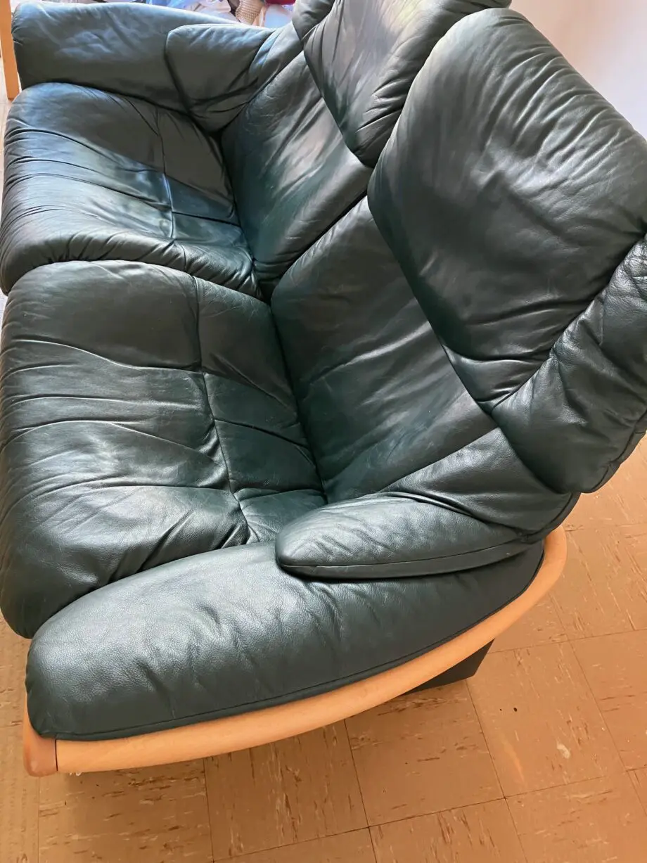 Stressless leather recliner two seater with light coloured wood