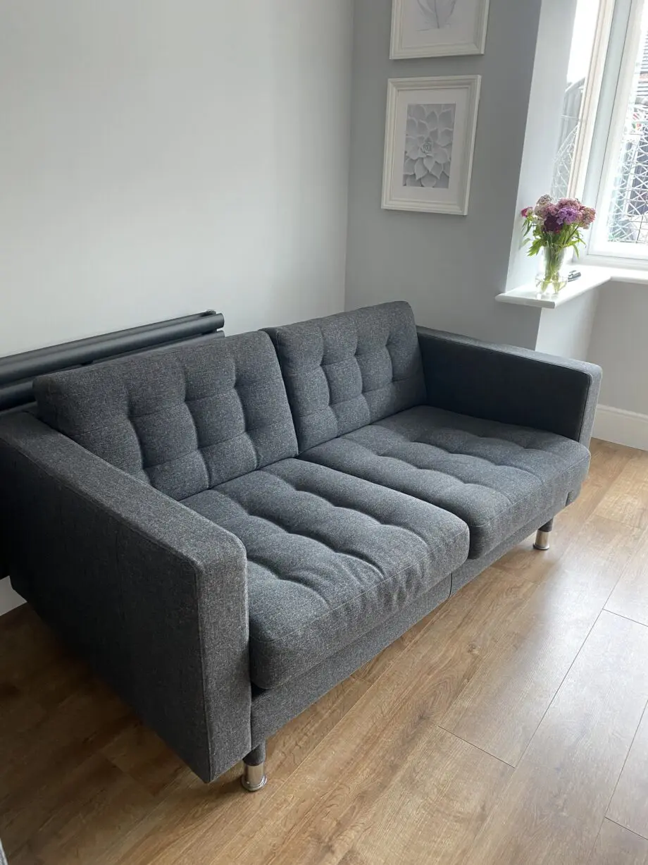 Grey Landskrona 2-seat sofa x2 with foot stool