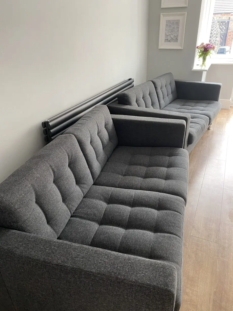 Grey Landskrona 2-seat sofa x2 with foot stool