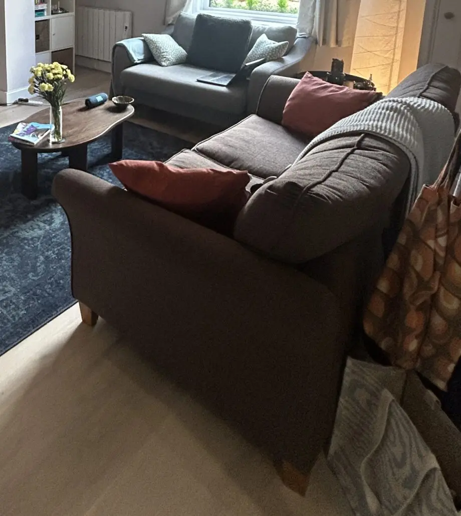 Hugo 3 seater sofa in Hilton collection chocolate covers with oak legs