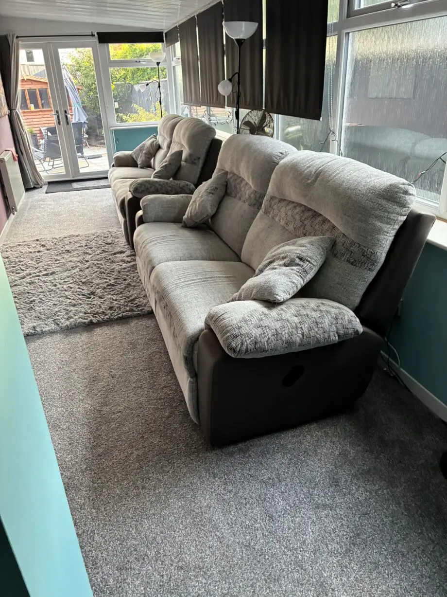 2x 3 seater recliner sofas in grey and beige