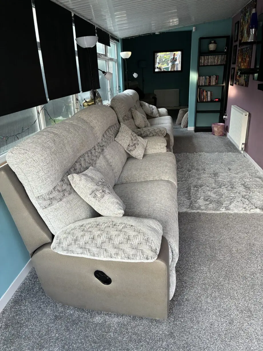 2x 3 seater recliner sofas in grey and beige