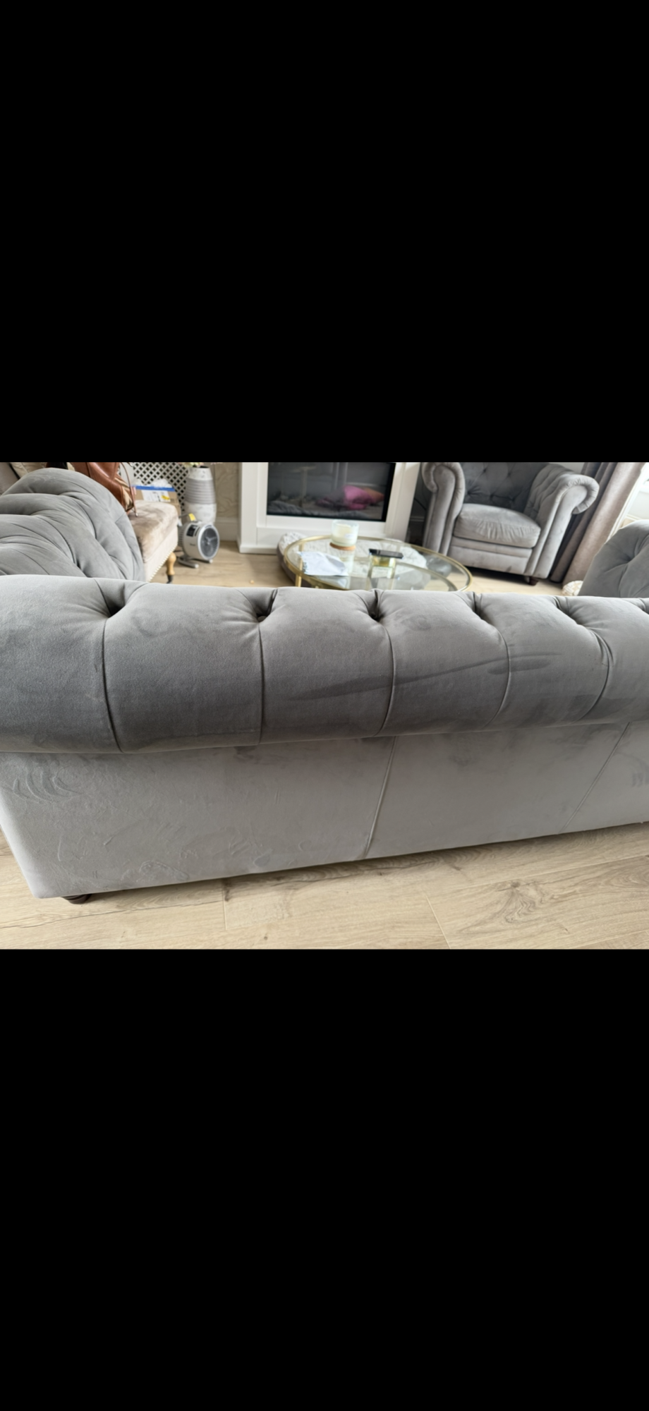 violina grey chesterfield style sofa and chair