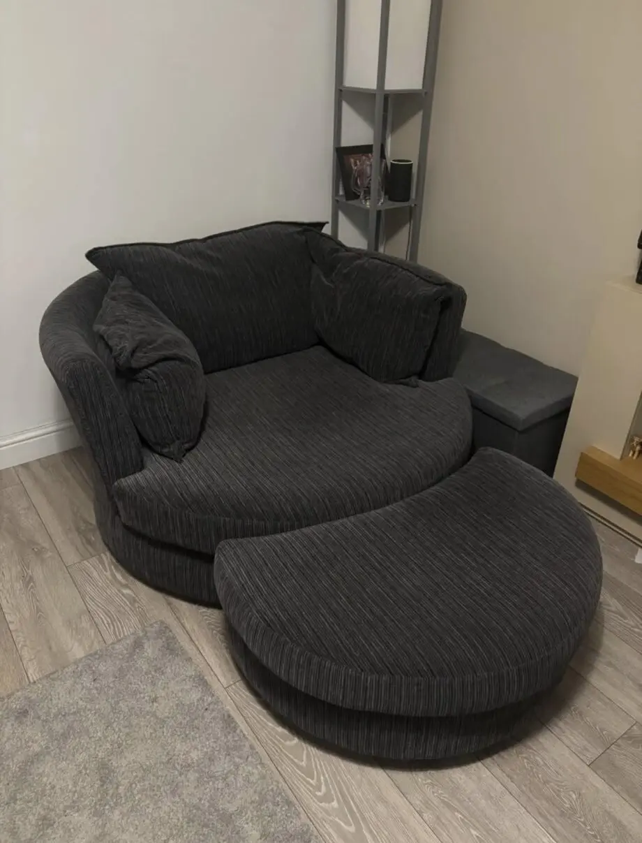 DFS Charcoal Sofa Set (Cuddle Chair with Footstool & 2 Seater)