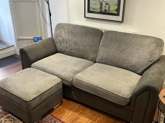 DFS grey sofa bed, footstool and cuddler chair set