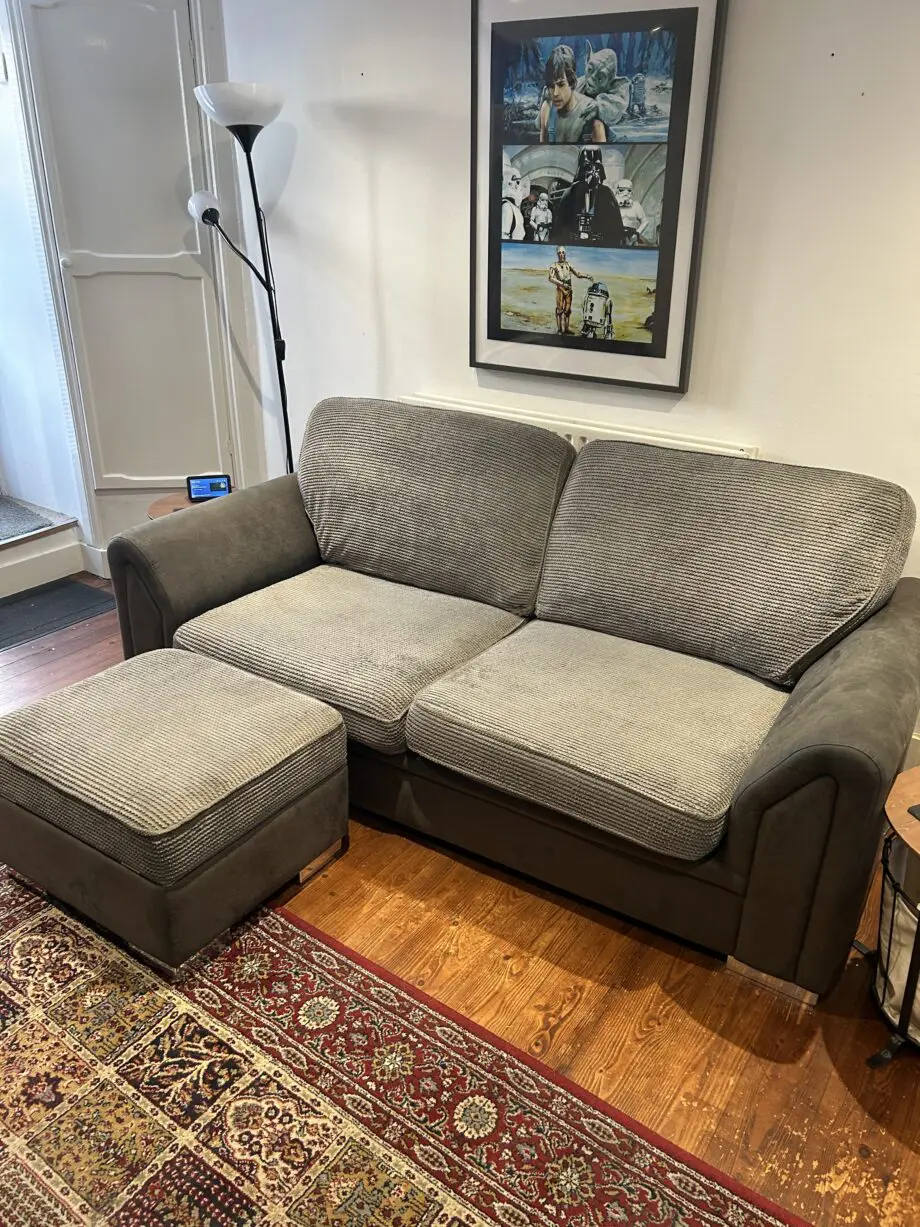 DFS grey sofa bed, footstool and cuddler chair set