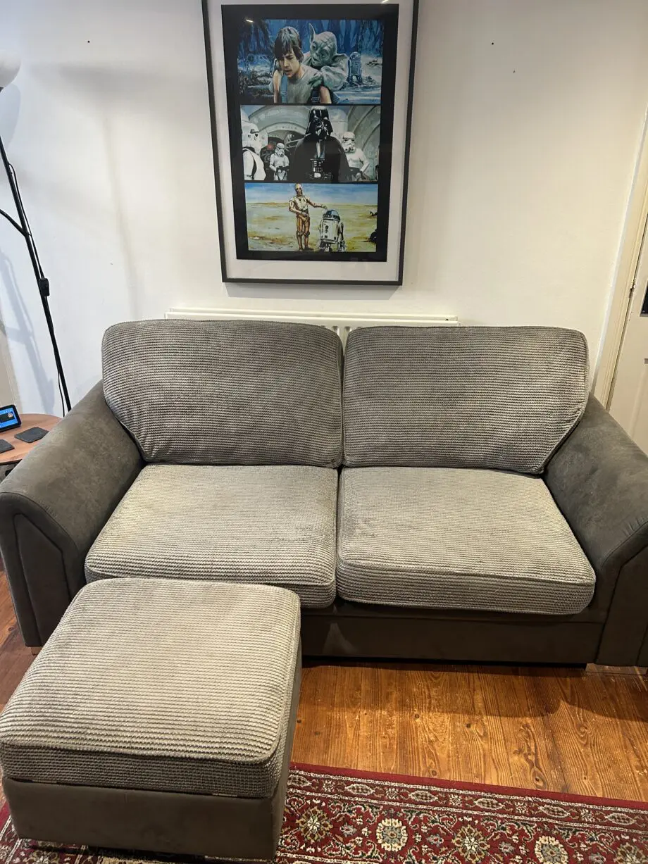 DFS grey sofa bed, footstool and cuddler chair set